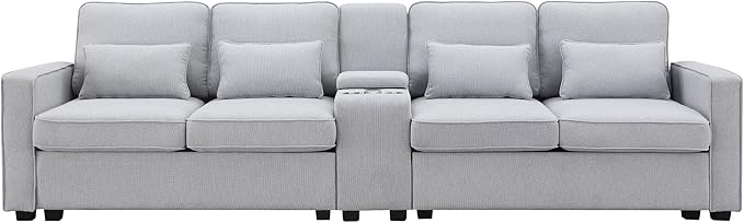 114" Modern Sofa, 4-seat Couch with Console, 2 Cupholders and 2 USB Ports Wired or Wirelessly Charged and 4 Pillows for Living Room, Apartment, 114.2inch, Light Gray - LeafyLoom