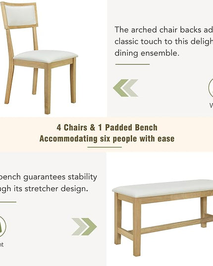 6-Piece Wood Rectangular Dining Table Set with 4 Upholstered Arched Back Chairs and Bench, for Kitchen, Living Room, Farmhouse, Brown, 59" L x 35.4" W x 30" H - LeafyLoom