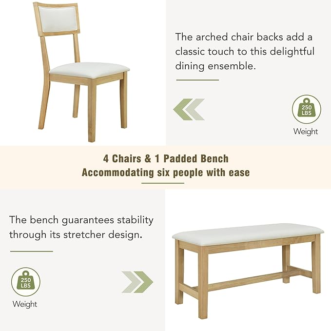 6-Piece Wood Rectangular Dining Table Set with 4 Upholstered Arched Back Chairs and Bench, for Kitchen, Living Room, Farmhouse, Brown, 59" L x 35.4" W x 30" H - LeafyLoom