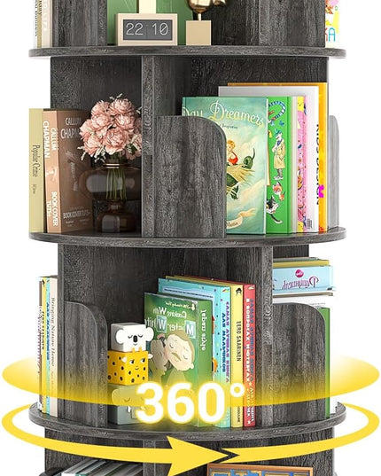 Rotating Bookshelf, Wood Corner Bookshelf, 360 Display Spinning Bookcase Storage Rack, 4 Tier Floor Standing Revolving Bookcase Narrow Book Shelf Organizer for Small Space, Bedroom, Grey Oak - LeafyLoom