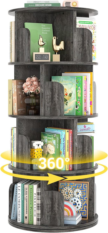 Rotating Bookshelf, Wood Corner Bookshelf, 360 Display Spinning Bookcase Storage Rack, 4 Tier Floor Standing Revolving Bookcase Narrow Book Shelf Organizer for Small Space, Bedroom, Grey Oak - LeafyLoom