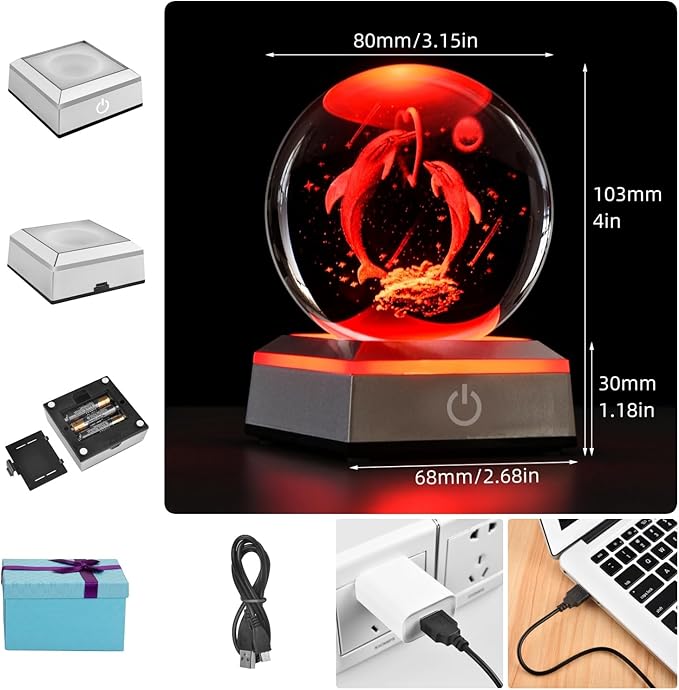 3D Crystal Ball Dolphin Model, with Led Lamp Stand, 3.15'' Dolphin Glass Ball Decor, Engraved Crystal Sphere with Gift Box, 6 Color Light, Romantic Gifts for Kids Friends Birthday - LeafyLoom