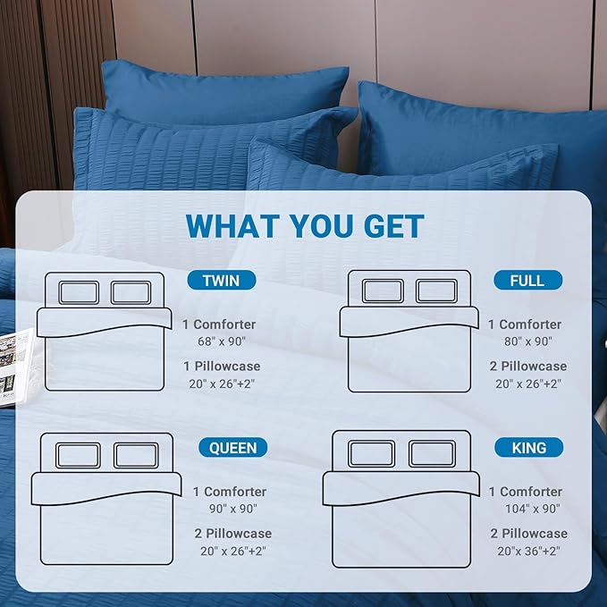HYMOKEGE Seersucker Comforter Set Full Size 3 Pieces, Lightweight Comforter Sets for Bedding, Bed Set with 1 All Season Soft Down Alternative Comforter and 2 Pillow Shams, Teal - LeafyLoom