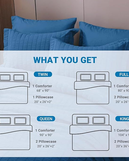 HYMOKEGE Seersucker Queen Comforter Set 3 Pieces, Lightweight Comforter Sets for Bedding, Bed Set with 1 All Season Soft Down Alternative Comforter and 2 Pillow Shams, Teal - LeafyLoom
