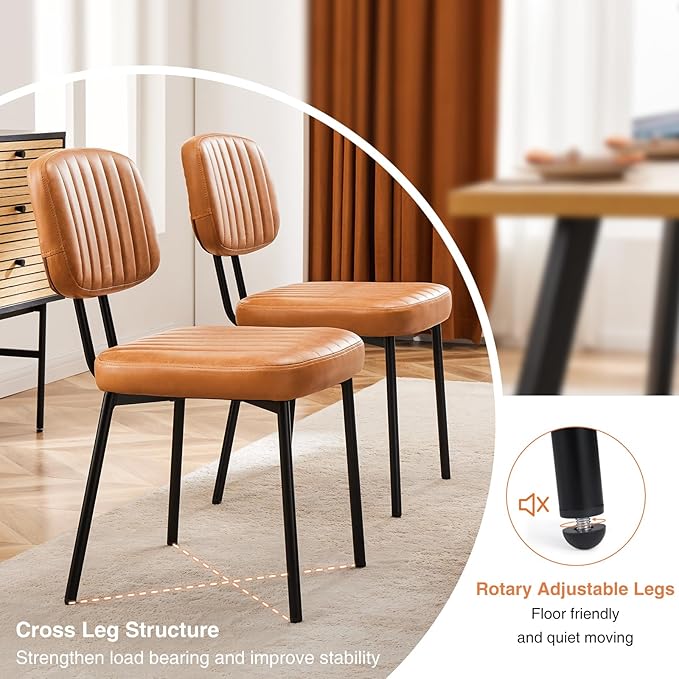 Sweetcrispy Dining Chairs Set of 4, Upholstered Mid Century Modern Kitchen Dining Room Accent Chairs with Faux Leather Cushion Seat & Metal Legs for Kitchen, Living Room - Brown - LeafyLoom