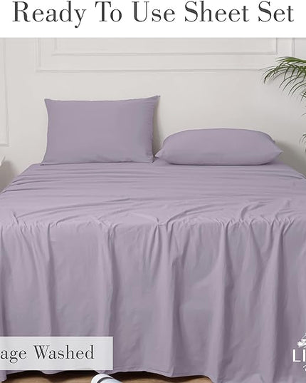 Linen Home Washed Cotton Percale King Sheet Set, Iris Lilac, Deep Pocket, 4 Pieces Bed Sheets - 1 Flat Sheet, 1 Fitted Sheet & 2 Envelope Closure Pillowcases, Cool and Comfortable Bed Linen - LeafyLoom