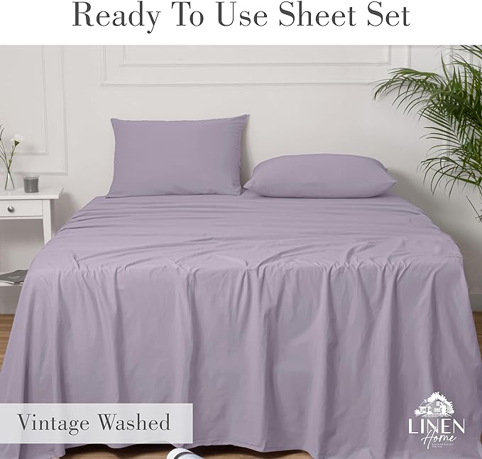 Linen Home Washed Cotton Percale King Sheet Set, Iris Lilac, Deep Pocket, 4 Pieces Bed Sheets - 1 Flat Sheet, 1 Fitted Sheet & 2 Envelope Closure Pillowcases, Cool and Comfortable Bed Linen - LeafyLoom
