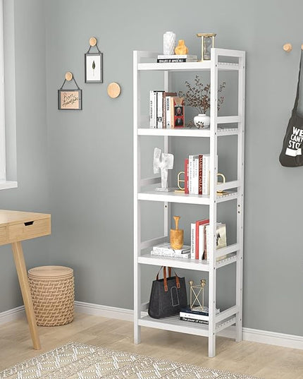 Homykic Bamboo Bookshelf, 5-Tier Narrow 55.9” Adjustable Book Shelf Bookcase Bathroom Shelves Freestanding Storage Stand for Living Room, Bedroom, Kitchen, Rust Resistance, Easy Assembly, White - LeafyLoom