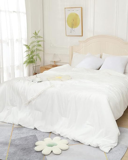 White Comforter Twin Size, Aesthetic Modern Bedding Set for Girls/Women, Cute Soft & Lightweight Chic Microfiber Bed Sets, 2pc- 1 Comforter & 1 Pillowcase (66x90 Inches) - LeafyLoom