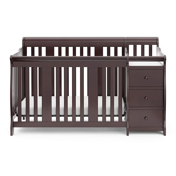 Storkcraft Portofino 5-in-1 Convertible Crib and Changer (Espresso) – Crib and Changing -Table Combo with 3 Drawers, Includes Baby Changing Pad, Converts to Full-Size Bed - LeafyLoom