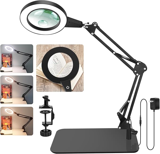 5X & 10X Magnifying Glass with Light and Stand, NAKOOS 2-in-1 Magnifying Lamp with Clamp, 3 Color Modes Touch Control Stepless Dimmable Magnifiers with Stand for Soldering DIY and Close Work - LeafyLoom