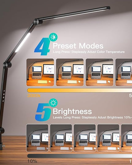 LED Desk Lamp, Desk Light for Home Office, Dual Light Source, Eye-Caring Optical Lens, 5 Color Modes & Brightness, 18W Brightest, Swing Arm Office Lamp, Puzzle Light, Clamp Lamp, Black - LeafyLoom