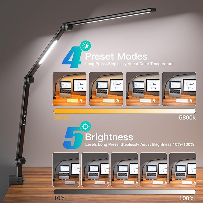 LED Desk Lamp, Desk Light for Home Office, Dual Light Source, Eye-Caring Optical Lens, 5 Color Modes & Brightness, 18W Brightest, Swing Arm Office Lamp, Puzzle Light, Clamp Lamp, Black - LeafyLoom