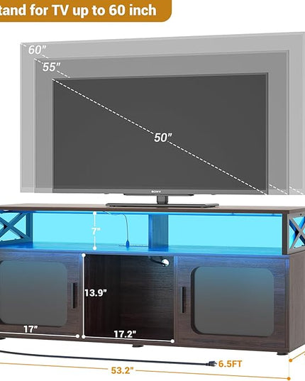 Aheaplus TV Stand for 55 60 Inch TV, Entertainment Center with LED Light and Charging Station, TV Console Table, Large Media Console Cabinet w/Soundbar Shelf, for Living Room, Bedroom, Espresso - LeafyLoom