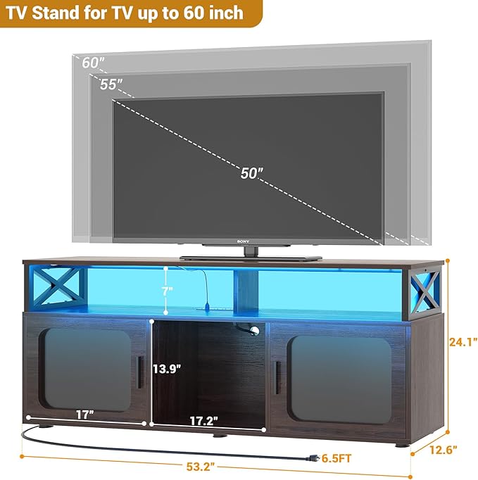 Aheaplus TV Stand for 55 60 Inch TV, Entertainment Center with LED Light and Charging Station, TV Console Table, Large Media Console Cabinet w/Soundbar Shelf, for Living Room, Bedroom, Espresso - LeafyLoom
