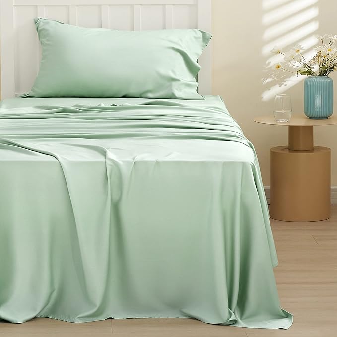 Bedsure Twin Sheets Set, Cooling Sheets Twin Size Bed Set, Rayon Derived from Bamboo, Twin Size Sheets, Breathable & Soft Bed Sheets, Hotel Luxury Silky Bedding Sheets & Pillowcases, Sage Green - LeafyLoom