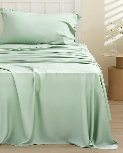 Bedsure Twin XL Sheet Set Dorm Bedding, Cooling Sheets Twin Extra Long Sheets, Rayon Derived from Bamboo, Deep Pocket Up to 16", Hotel Luxury Silky Bedding Sheets & Pillowcases, Sage Green - LeafyLoom