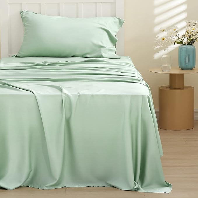 Bedsure Twin XL Sheet Set Dorm Bedding, Cooling Sheets Twin Extra Long Sheets, Rayon Derived from Bamboo, Deep Pocket Up to 16", Hotel Luxury Silky Bedding Sheets & Pillowcases, Sage Green - LeafyLoom