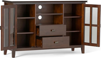 SIMPLIHOME Artisan SOLID WOOD Universal TV Media Stand, 53 inch Wide, Contemporary, Living Room Entertainment Center, Storage Shelves and Cabinets, for Flat Screen TVs up to 60 inches in Russet Brown - LeafyLoom