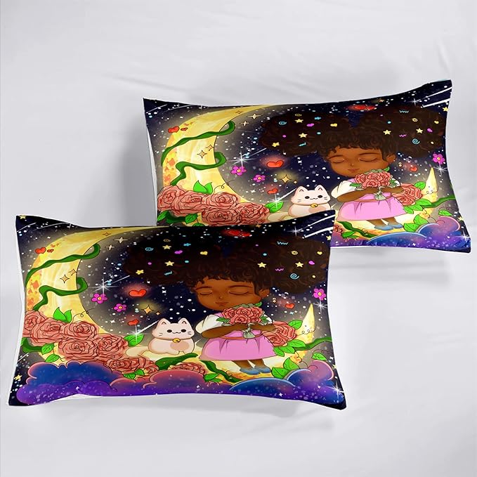 Black Girl Comforter Set - 3 Piece Black Girls Twin Comforter Set for Girls, All-Season Breathable Black Girl Bedding Set for Girls Bedroom Decor with,Queen Size, 1 Comforter + 2 Pillowcases - LeafyLoom