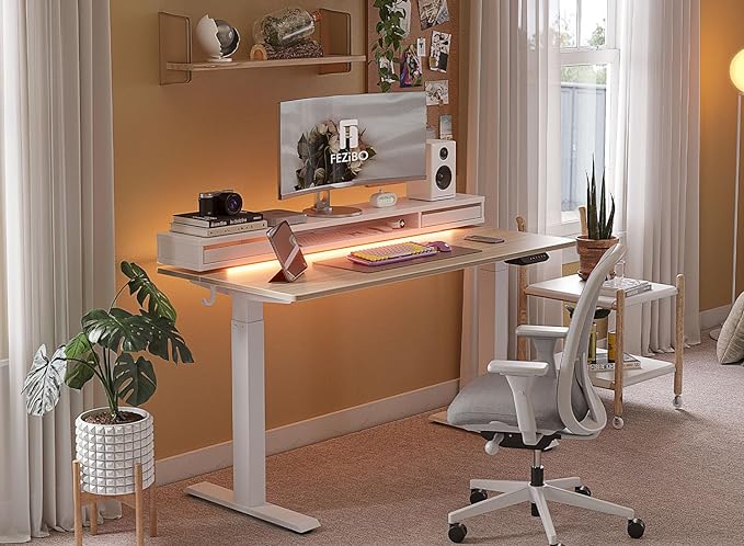 EZIBO 48 * 26 Inch Electric Standing Desk with Monitor Stand, Height Adjustable Table with LED Strips, Ergonomic Home Office Furniture with 2 Drawers Storage Workstation, Light Walnut - LeafyLoom
