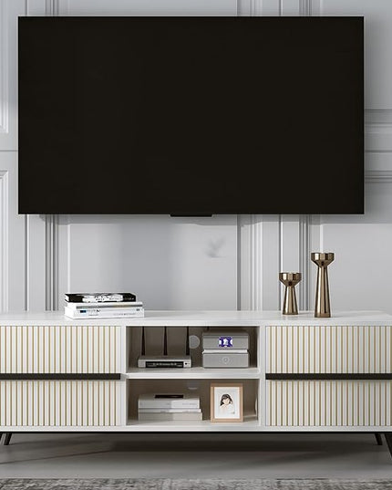 TV Stand for 60 Inch - Wooden Television Stand Table with Storage Cabinets and Open Shelves up to 60", Entertainment Center, Media Console for Living Room and Bedroom, Warm White - LeafyLoom