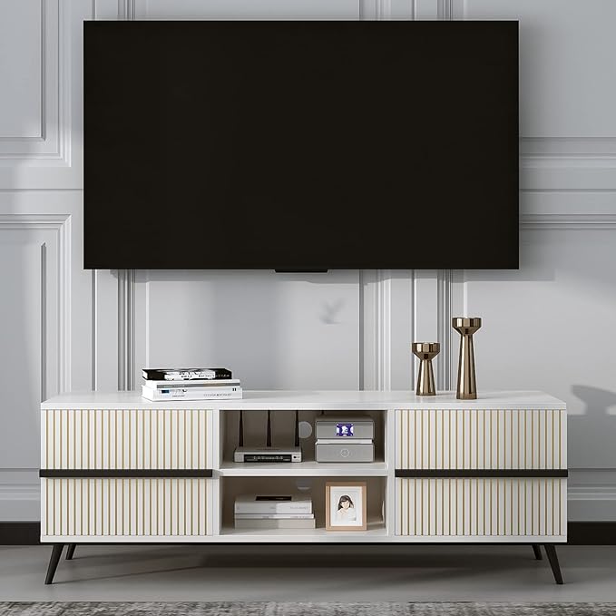 TV Stand for 60 Inch - Wooden Television Stand Table with Storage Cabinets and Open Shelves up to 60", Entertainment Center, Media Console for Living Room and Bedroom, Warm White - LeafyLoom