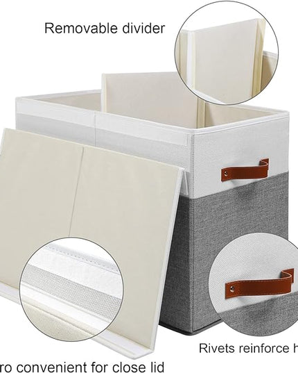 Large Toy Storage Box with Lid, Sturdy Toys Storage Chest Bin Organizer Basket with Dividers for Kids, Boys, Girls, Nursery, Closet, Bedroom, Playroom 25"x13" x16" (Grey and White) - LeafyLoom