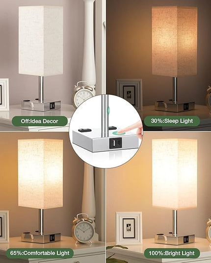 Off White Set of 2 Touch Lamp with USB Port-Nightstand Lamp with USB-C+A Charge Ports& AC Outlets, 3-Way Dimmable Bedside Lamp with Shade,Small Table Lamp for Bedroom Guest Room( Bulb Included) - LeafyLoom