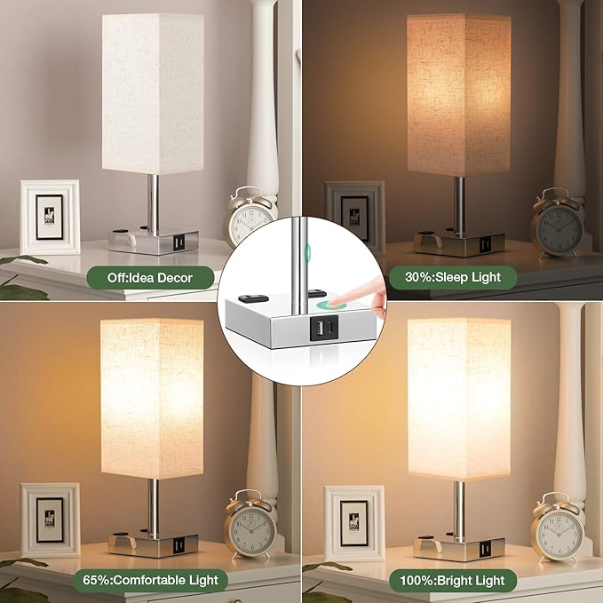 Off White Set of 2 Touch Lamp with USB Port-Nightstand Lamp with USB-C+A Charge Ports& AC Outlets, 3-Way Dimmable Bedside Lamp with Shade,Small Table Lamp for Bedroom Guest Room( Bulb Included) - LeafyLoom
