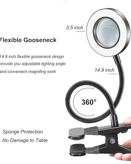 Desk Magnifying Glass with Light 5X, Clip on Desk Light with 3 Light Color, 5w LED Desk Lamp with Clamp 10 Adjustable Brightness, Flexible Gooseneck Craft Light Desk Lamps for Home Office - LeafyLoom