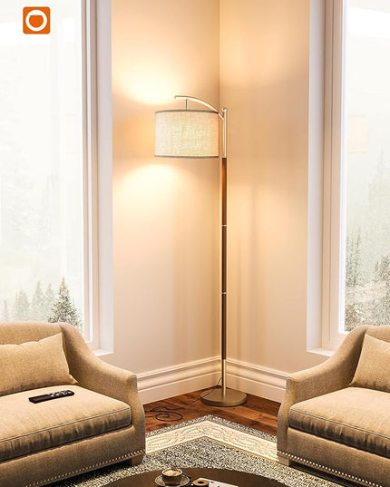 addlon Floor Lamp for Living Room with Remote, Dimmable Standing lamp with Linen lampshade for Bedroom, Office, Lamps with 9W LED Bulb Included - Brown & Nickel with Beige Shade - LeafyLoom
