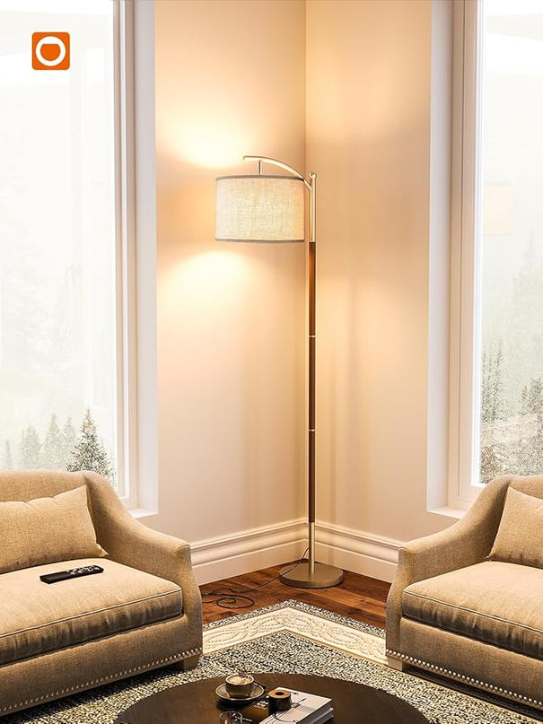 addlon Floor Lamp for Living Room with Remote, Dimmable Standing lamp with Linen lampshade for Bedroom, Office, Lamps with 9W LED Bulb Included - Brown & Nickel with Beige Shade - LeafyLoom