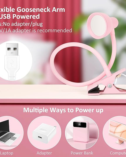 Pink Small Desk Lamp Clip on Reading Light for Bed 3 Colors 10 Brightness Dimmable Flexible Gooseneck Clip on Light for Bed Headboard College Dorm Room - LeafyLoom