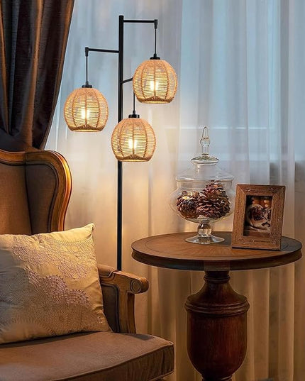 Floor Lamp for Living Room,Bedroom,Boho Rattan Floor Lights,Tree 3 Bulb Standing Lamp Farmhouse Industrial Black Tall Lamp,Wicker Bamboo Lamp Shade Flower Floor Lamps Bohemian Decor - LeafyLoom