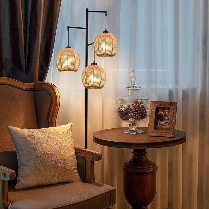 Floor Lamp for Living Room,Bedroom,Boho Rattan Floor Lights,Tree 3 Bulb Standing Lamp Farmhouse Industrial Black Tall Lamp,Wicker Bamboo Lamp Shade Flower Floor Lamps Bohemian Decor - LeafyLoom