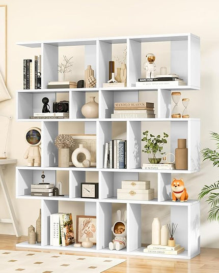 Giantex 5-Tier Geometric Bookshelf White Set of 2, 70'' Tall Wood Freestanding Decorative Display Open Shelves with Anti-Tipping Device, Each Shelf Holds up to 44 lbs, Wooden S Shaped Bookcase - LeafyLoom