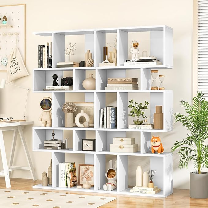 Giantex 5-Tier Geometric Bookshelf White Set of 2, 70'' Tall Wood Freestanding Decorative Display Open Shelves with Anti-Tipping Device, Each Shelf Holds up to 44 lbs, Wooden S Shaped Bookcase - LeafyLoom