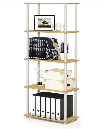 Furinno Turn-N-Tube 5-Tier Multipurpose Shelf / Display Rack / Storage Shelf / Bookshelf, Round Tubes, Beech/White - LeafyLoom