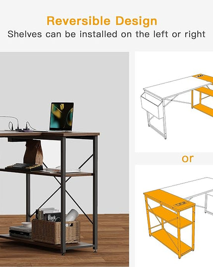 Small Computer Desk with Power Outlets, 40 Inch L Shaped Desk with Reversible Shelves, Gaming Desk Corner Desk Study Writing Desk for Home Office Bedroom Small Space, Rustic Brown - LeafyLoom