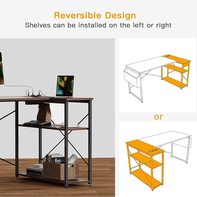 Small Computer Desk with Power Outlets, 40 Inch L Shaped Desk with Reversible Shelves, Gaming Desk Corner Desk Study Writing Desk for Home Office Bedroom Small Space, Rustic Brown - LeafyLoom