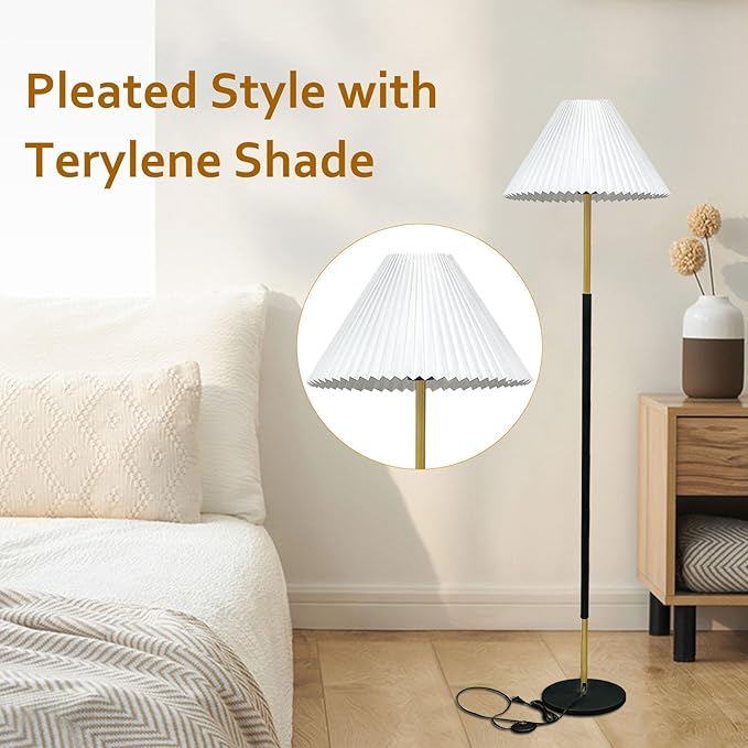 Floor Lamp,9W LED Edison Bulbs Included Nordic Design Standing Lamp with Foot Switch with Pleated Shade, 66‘‘Tall Floor Lamp Reading for Living Room Bedroom Office Classroom Dorm Room - LeafyLoom