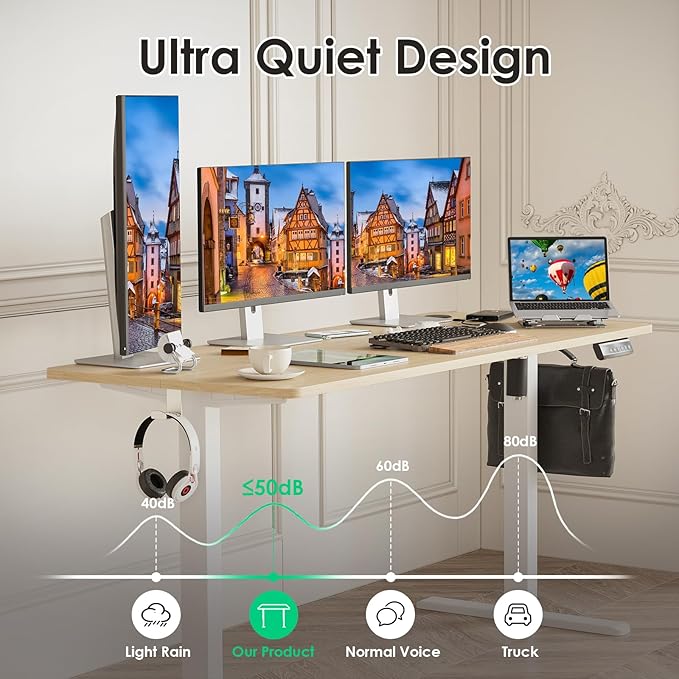 STARY Electric Adjustable Height Sit Stand Home Office Desk with Splice Board, 55x24, Castin Oak Desktop/White Frame - LeafyLoom