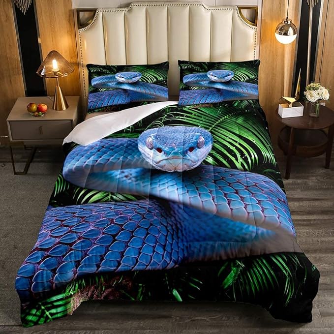 Erosebridal Snake Comforter Set Queen, Blue Snake Duvet Set, 3D Reptile Bedding Comforters, Blue Scales Quilt Set, Palm Leaf Wild Animal Stylish Quilted Duvet for Kids Boys Teens Man Bedroom Decor - LeafyLoom