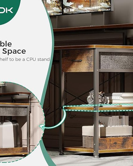 AODK Computer Desk with Keyboard Tray, 55 Inch Office Desk with Power Outlet, Work Desk with Drawer, Reversible Desk with Adjustable Monitor Shelf and Storage Shelf for Home, Rustic Brown - LeafyLoom