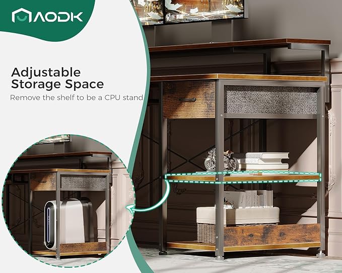 AODK Computer Desk with Keyboard Tray, 55 Inch Office Desk with Power Outlet, Work Desk with Drawer, Reversible Desk with Adjustable Monitor Shelf and Storage Shelf for Home, Rustic Brown - LeafyLoom