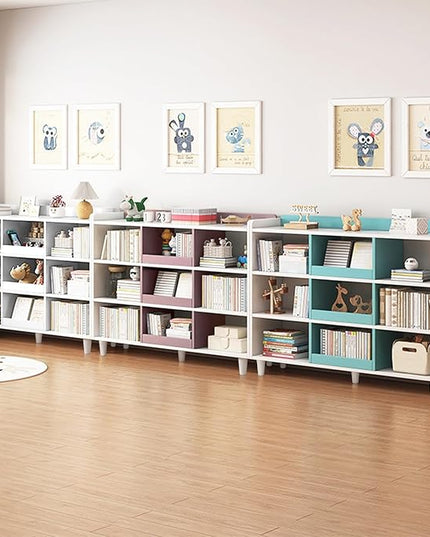 Wooden Cube Bookcase with Legs - 3-Tier Open Shelf Kidsroom Sorted Storage Cabinet Organizer for Books and Toys, 6-Cube Lattice Cute Cubby Bookshelf in White Mixed Mocha Brown, 32" W - LeafyLoom