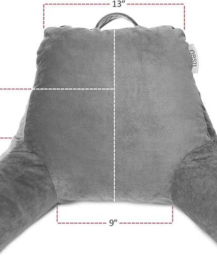 Clara Clark Reading Pillow for Kids, Small Back Pillow for Sitting Up in Bed, Memory Foam Back Support Pillow, Reading Pillows for Sitting in Bed Grey Gaming Pillow for Bed Chair with Arms and Pockets - LeafyLoom