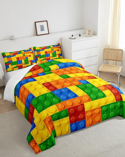Feelyou Games Comforter Set Queen Building Blocks Bedding Set for Kids Boys Girls Colorful Geometric Toy Brick Comforter Gaming Nursery Quilt Duvet Set with 2 Pillowcase Boys - LeafyLoom