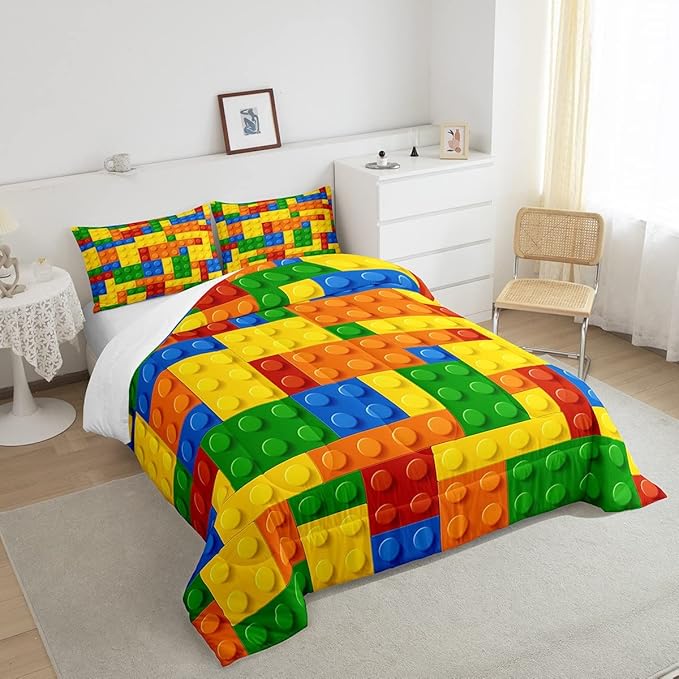 Feelyou Games Comforter Set Full Size Building Blocks Bedding Set for Kids Boys Girls Colorful Geometric Toy Brick Comforter Inner Fill Toddler Gaming Bedroom Nursery Quilt Duvet Set with 2 Pillowcase - LeafyLoom